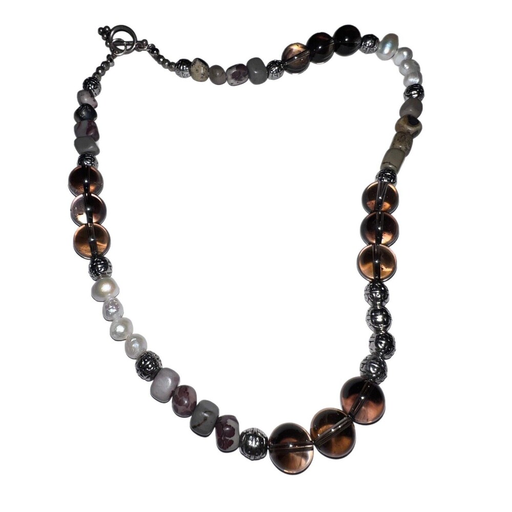 Vintage Necklace White Pearls, Smokey Round Glass, Square Stone & Metal Bead’s